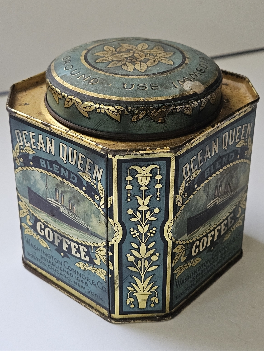 Vintage Ocean Queen Blend Coffee Tin Container Washington Connor Co. Boston NY